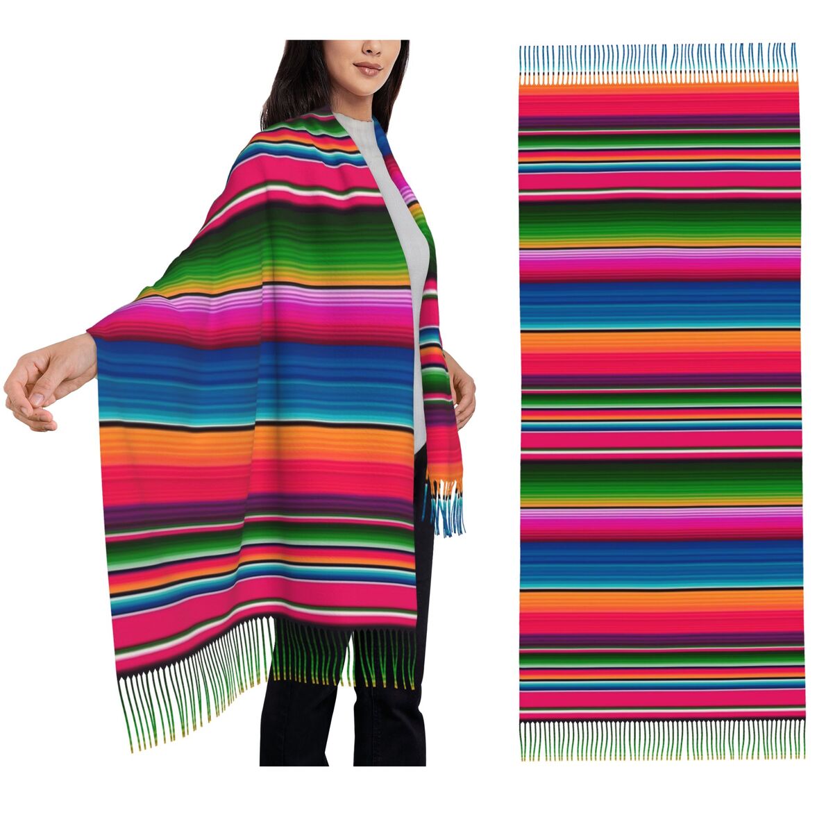 Woven Scarf Blanket - ผ้าคลุมไหล่ลายทางสไตล์เม็กซิกัน ผ้าพันคอเซราเป้ ผ้าพันคอพู่ห้อย ผ้าคลุมไหล่ผู้หญิงเนื้อนุ่ม อุ่นสบาย ผ้าคลุมไหล่และผ้าพันคอยาวสำหรับฤดูใบไม้ร่วงและฤดูหนาว