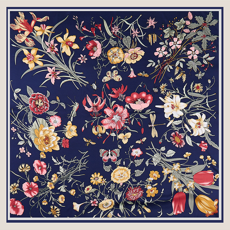 Scarf Silk Square - POBING ผ้าไหมผ้าพันคอผู้หญิงดอกไม้พิมพ์ผ้าพันคอสแควร์ขนาดใหญ่ผ้าพันคอหรูหรา Kerchief ฮิญาบผ้าพันคอหญิง Foulards 130
